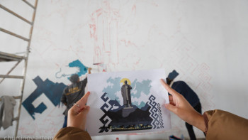 Фотография к новости: Стрит-арт. Суретшілер Абайдың муралын салуды бастады