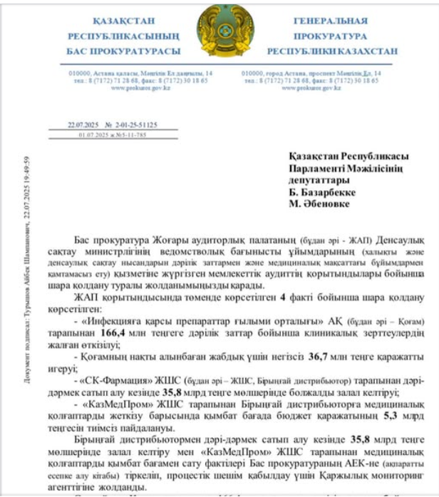 "СҚ-Фармация" мен фармкомпанияларға қылмыстық тергеу басталды – депутат