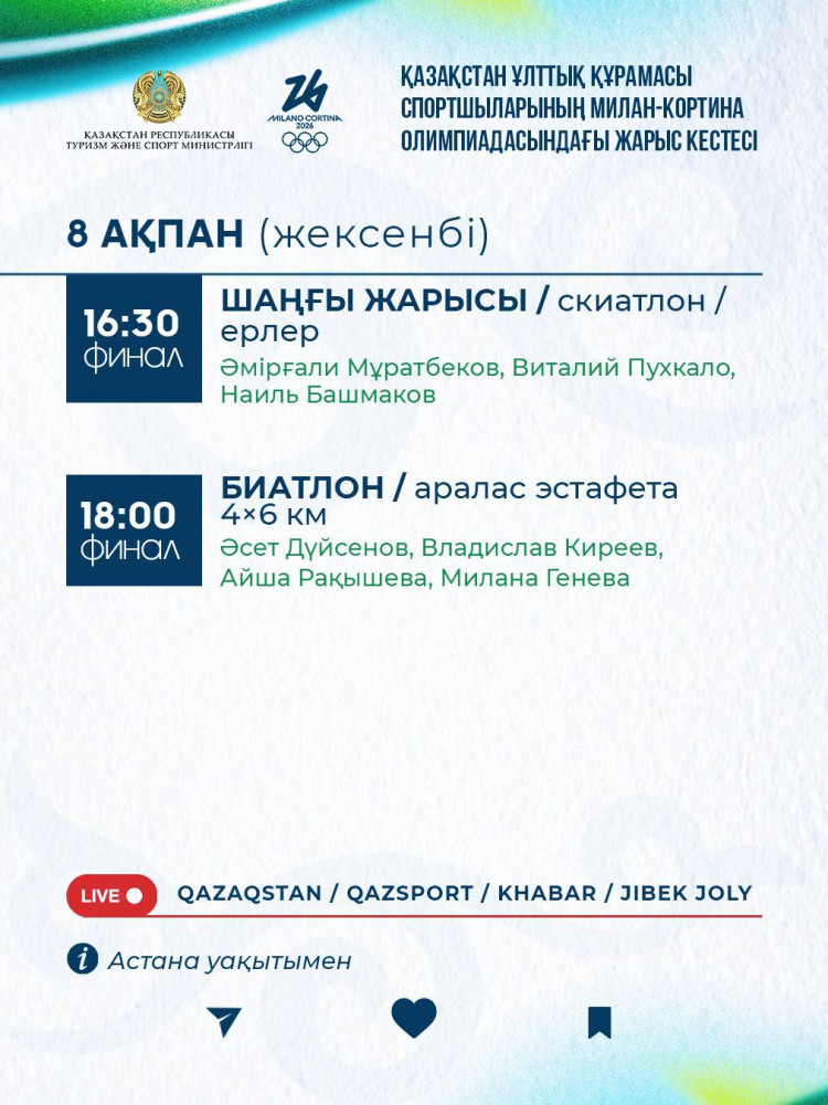 Олимпиада-2026: қазақстандық спортшылардың 8 ақпандағы жарыс кестесі