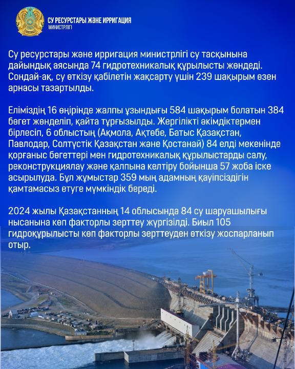 Елімізде су тасқынына дайындық аясында 74 гидротехникалық құрылыс жөнделді