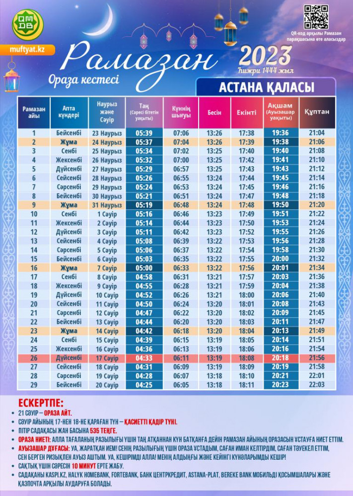 Ораза кестесі жарияланды