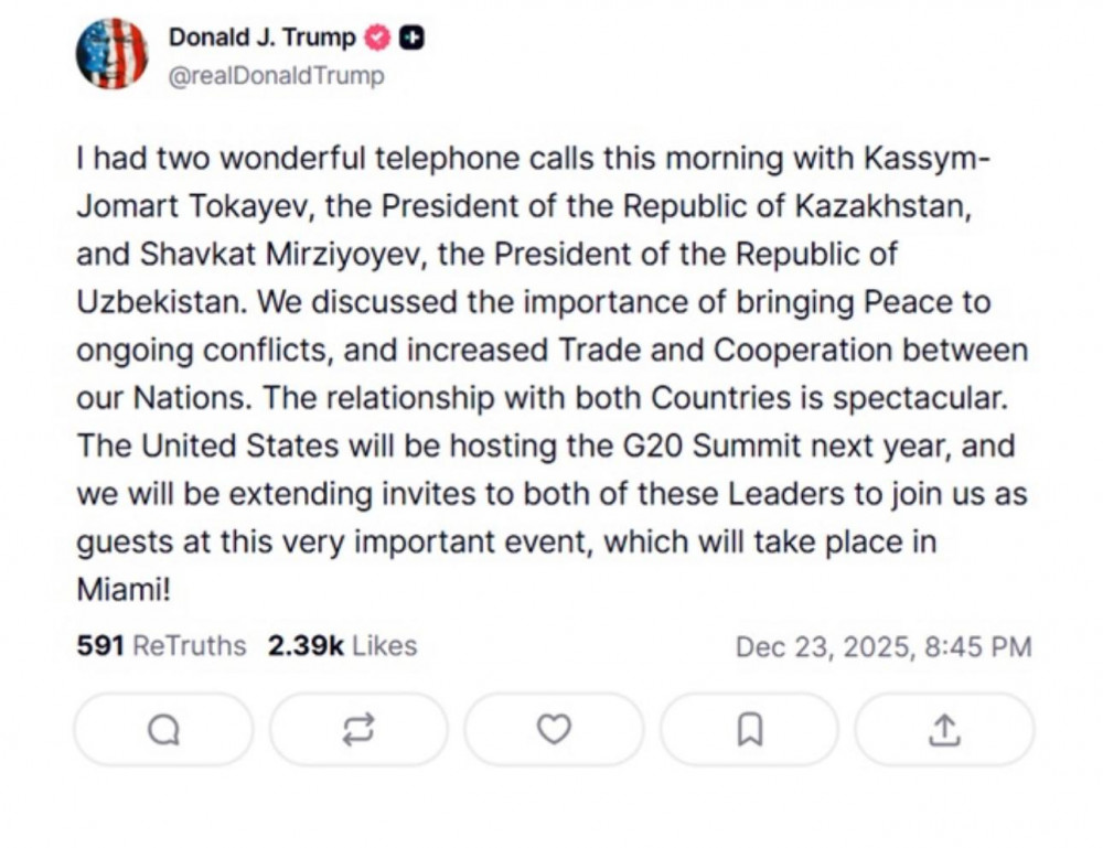 Трамп Тоқаевтың G20 саммитіне қатысатынын мәлімдеді